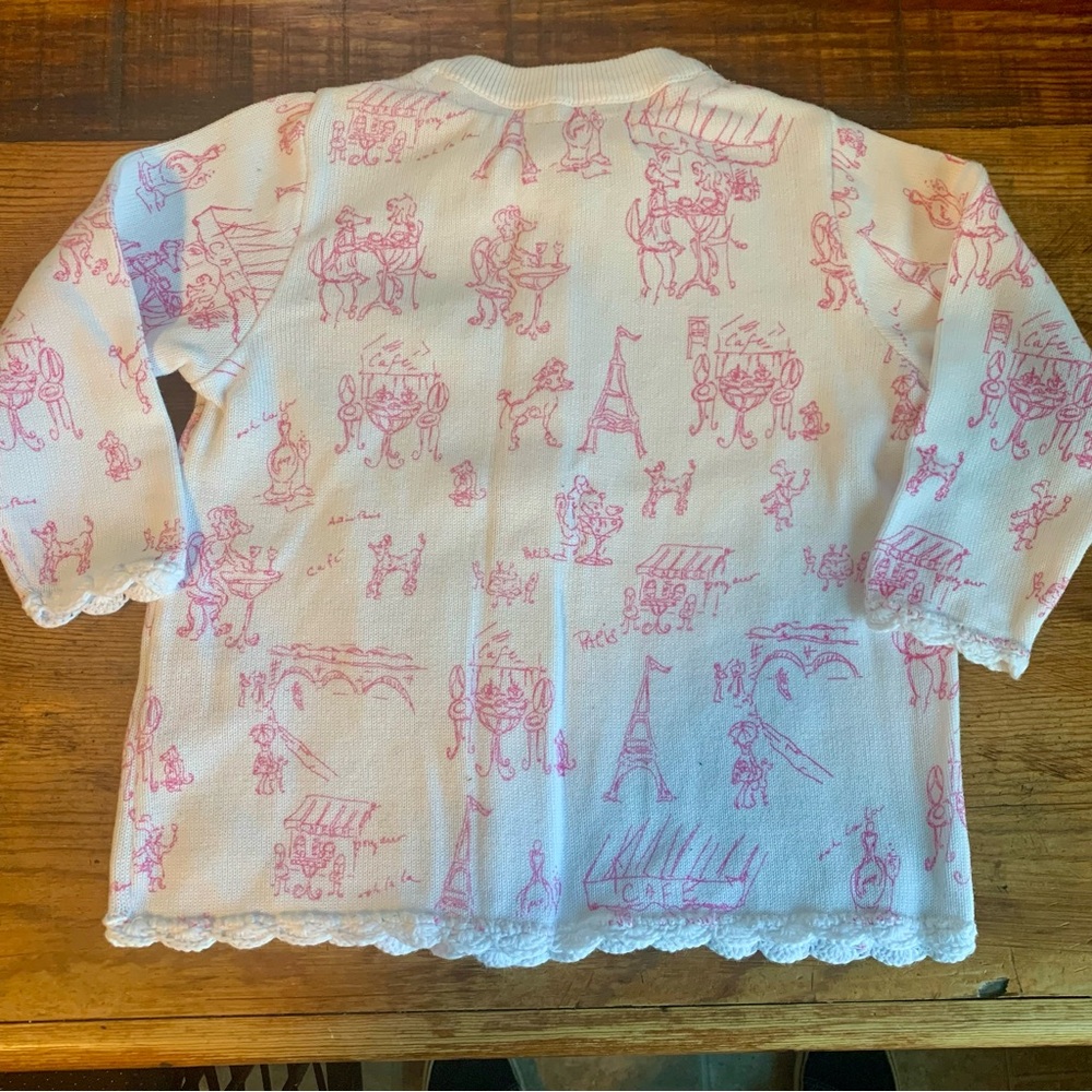 Vintage April Cornell Poodle In Parie Print Cardigan White& Pink Button Front - Picture 8 of 8